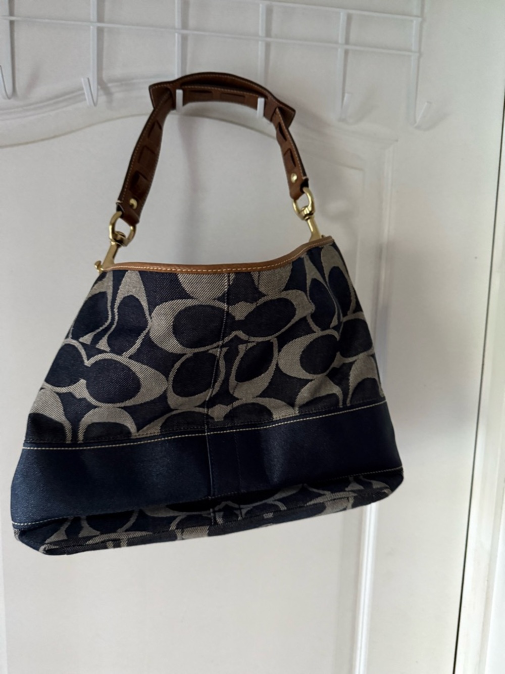 Coach Canvas Signature Hobo Bag - Navy, Khaki & Tan